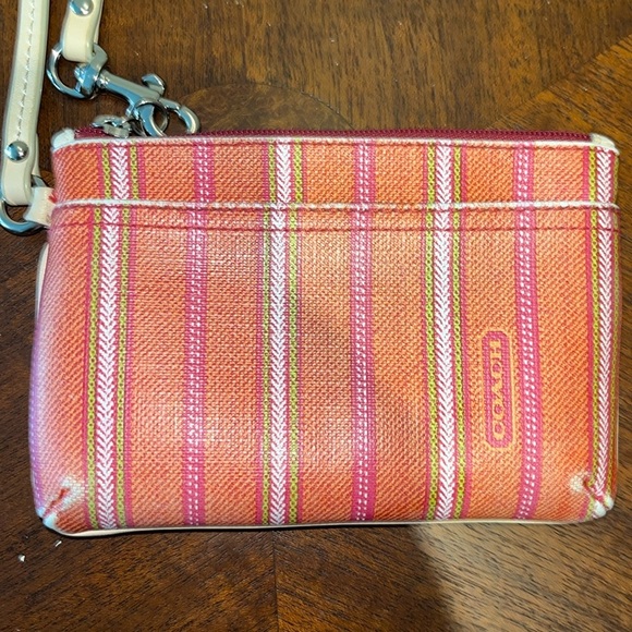 Coach Vintage wristlet coated canvas stripe Orange pink sage white/tan leather - Picture 1 of 13